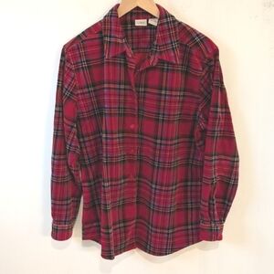 L.L. Bean Women's Red Holiday Plaid Velvet Button Up Shirt Christmas Claus Large